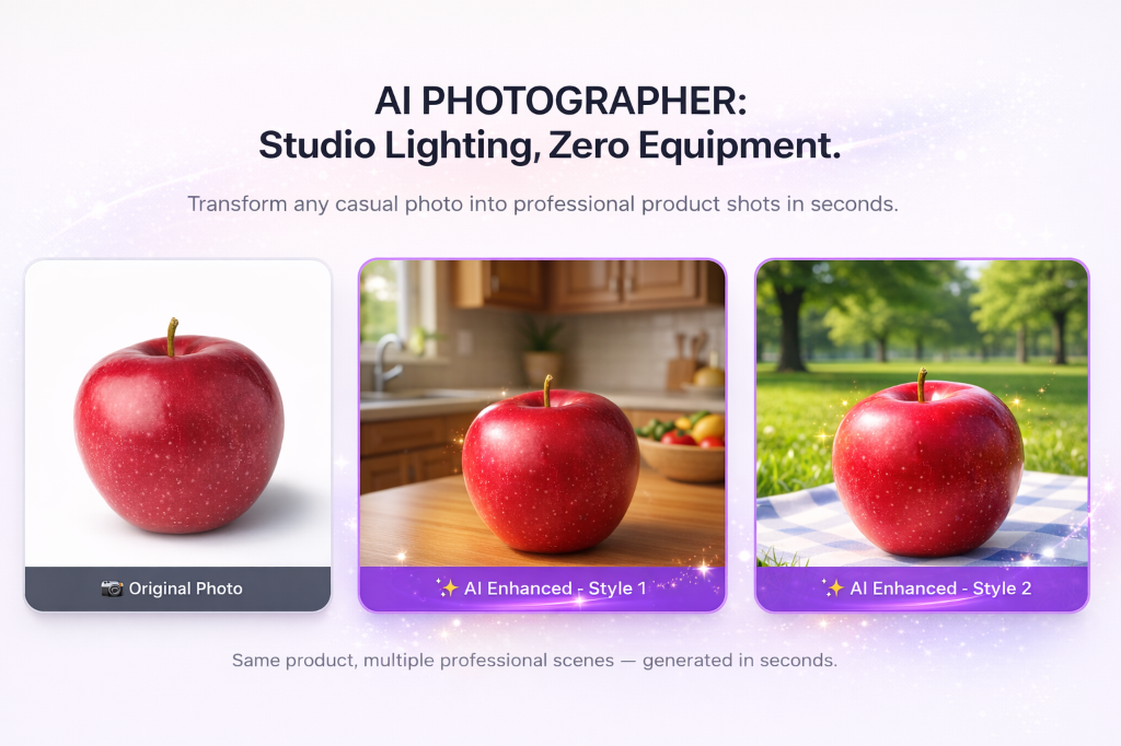 AI Photographer feature: studio lighting effects and professional background generation for product photography